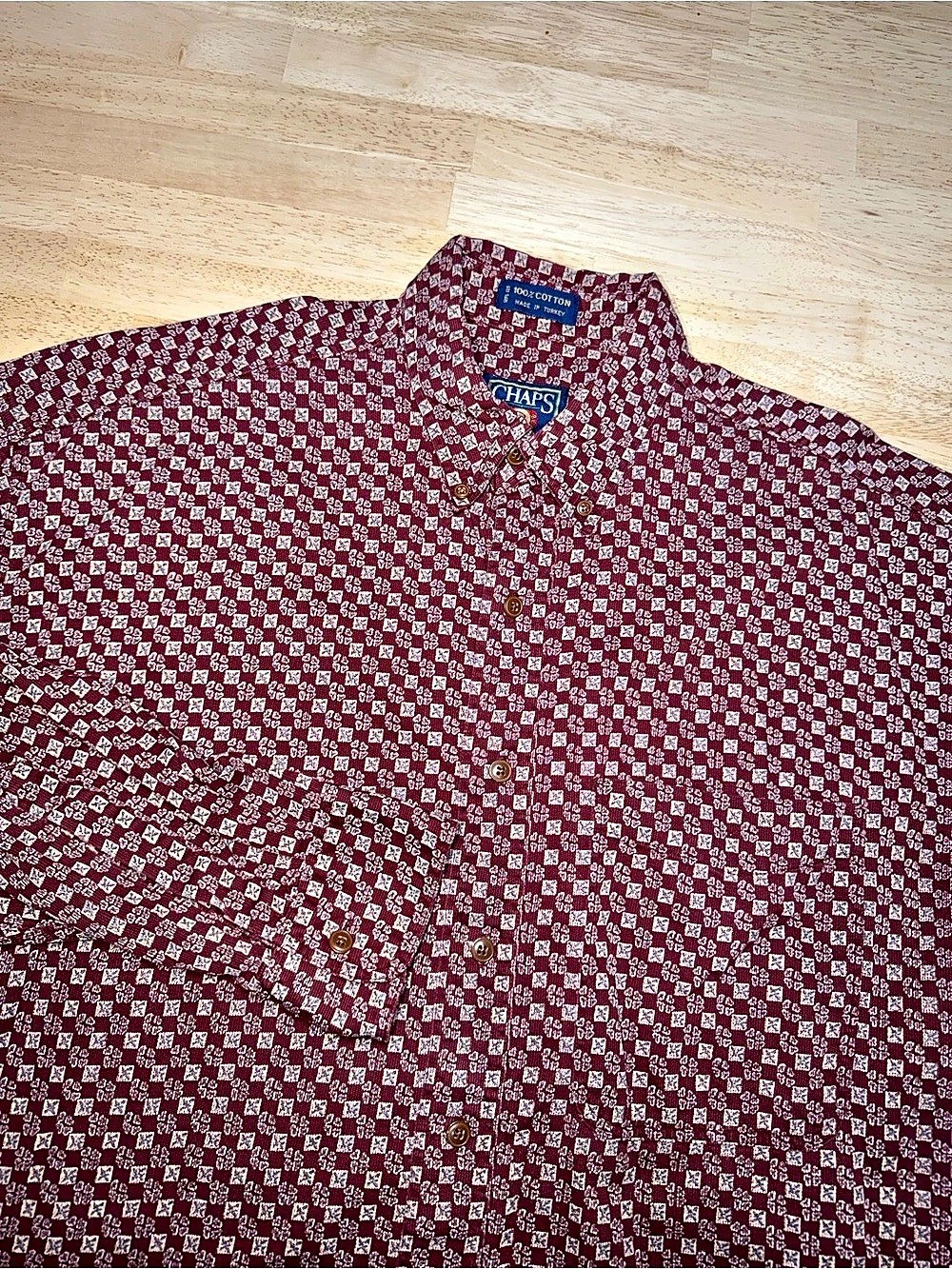 Vintage Chaps Ralph Lauren Red Floral Geometric Button Down Shirt Cotton Large